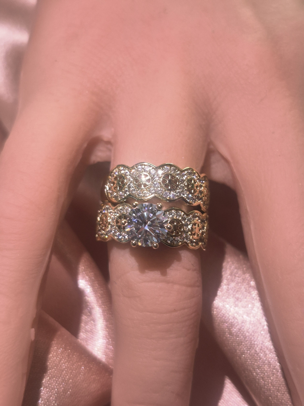 14k Gold Plated Pave and Solitaire  Ring Set in Gold